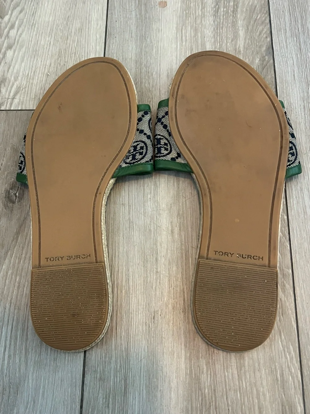 Tory Burch Monogram Espadrille Slides Sandals Green Tan Womens 8